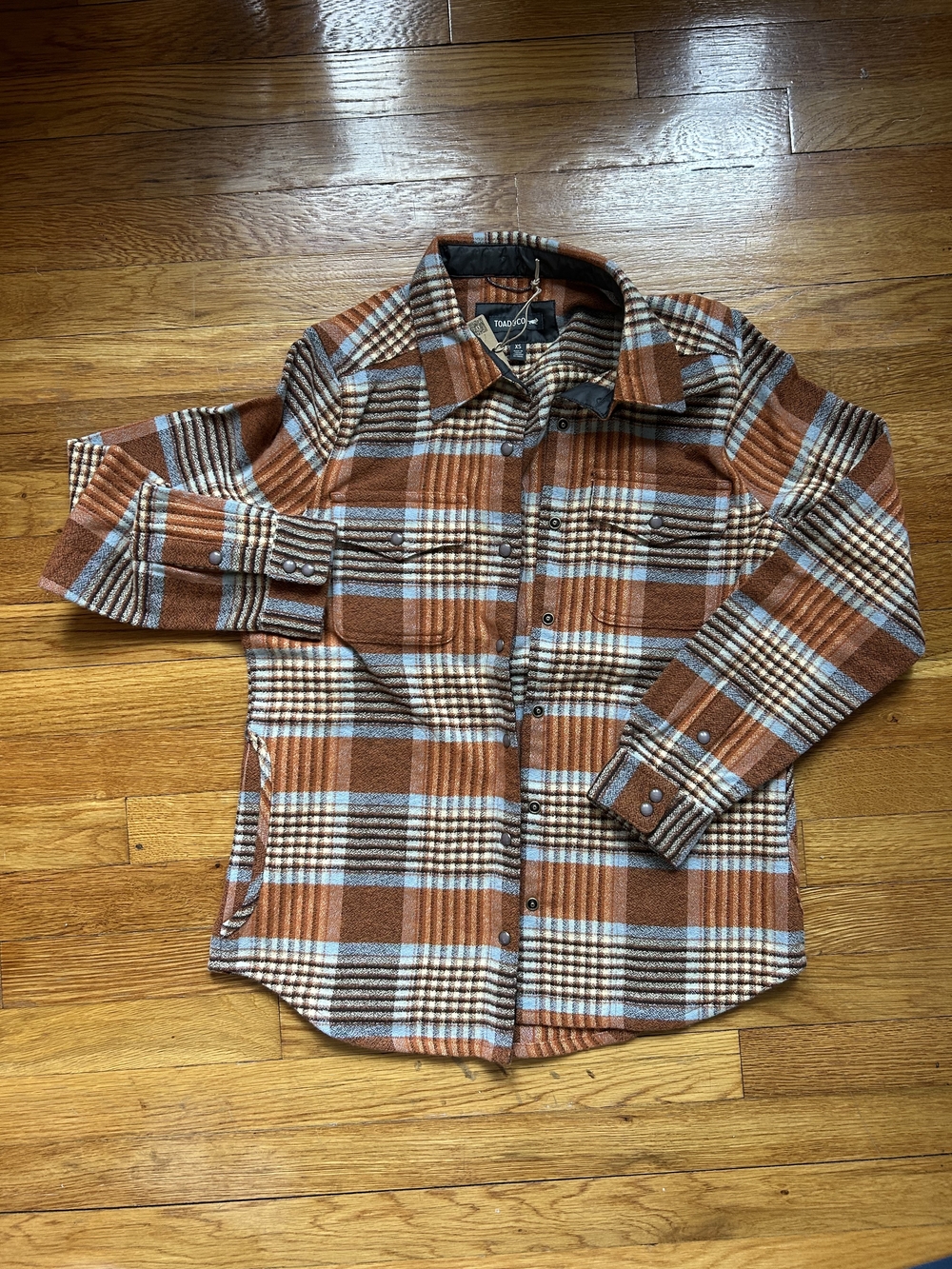 NWT Toad&Co Plaid Button-Up Shirt Jacket in Rust & Blue Flannel